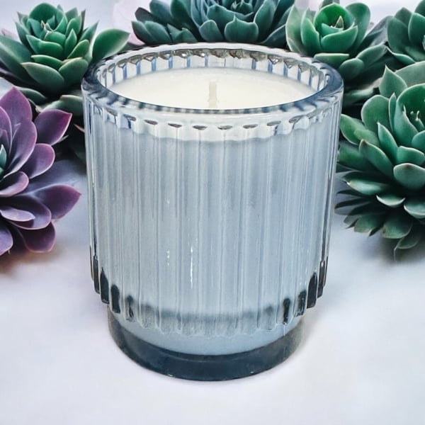 Image of Blue Ribbed Glass Coconut Wax Candle 5.5 oz