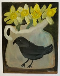 Crow jug with daffodils - gouache painting 
