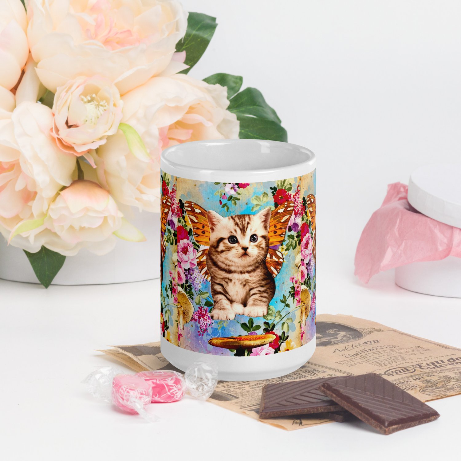 Image of Butterfly Mushroom Kitty - White Glossy Mug