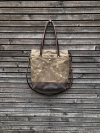Image 3 of Waxed canvas tote bag / office bag with leather bottom handles and shoulder strap