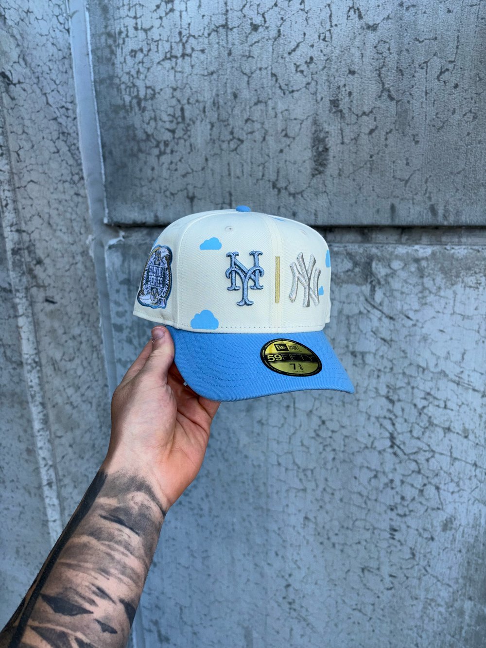 Image of SKY BLUE VISOR PARTLY CLOUDY  METS X YANKEES CUSTOM FITTED CAP