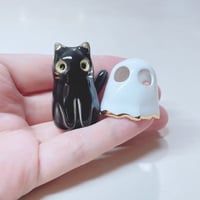 Image 4 of Black Kitty Cat With Ghost Mask Ceramic Figurine 2