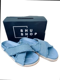ShuShop frayed denim cross strap slide sandal