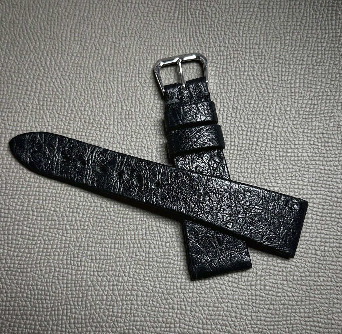 Ostrich legs leather watch straps. Grey color, handmade to order in Fi