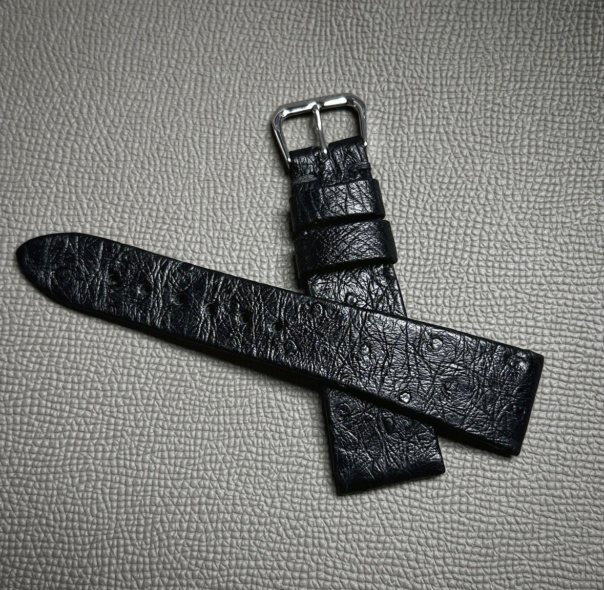 Image of Hand-rolled vintage black ostrich watch strap