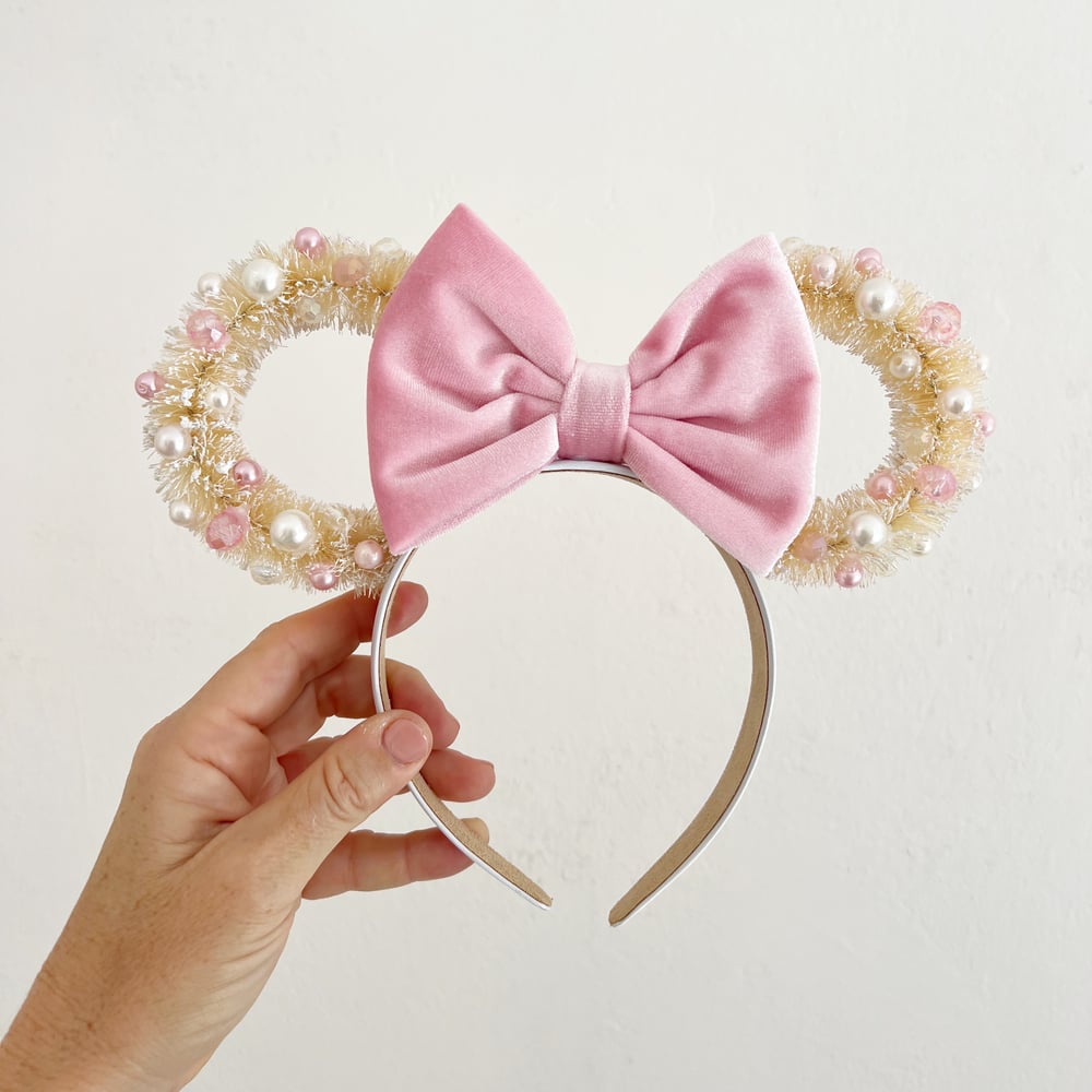 Image of Cream Wreath Ears with Blush Velvet Bow - PREORDER