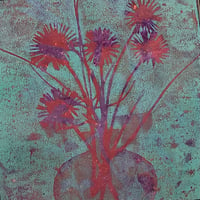 Image 3 of Botanical Monotype ~ Daisy Bouquet in Vase, Purple, Pink, Sky Blue ~  8x10 Inch Mat 