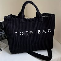 Image 5 of Women's Fashion Solid Color Corduroy Large Capacity Tote Bag, Letter Pattern with Contrast Design Ad