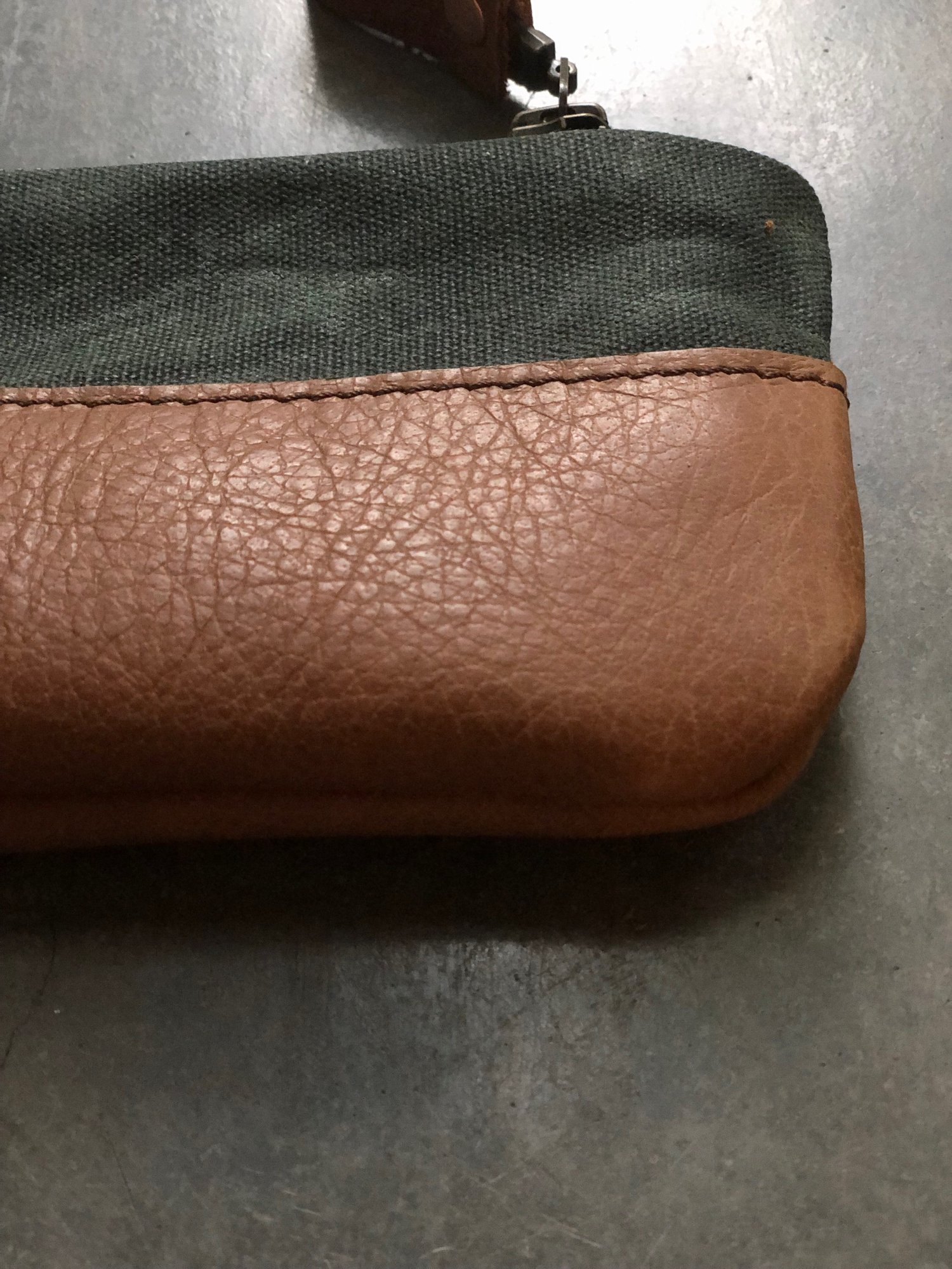 Image of Pencil case, zipper pouch in forest green waxed canvas and oiled leather