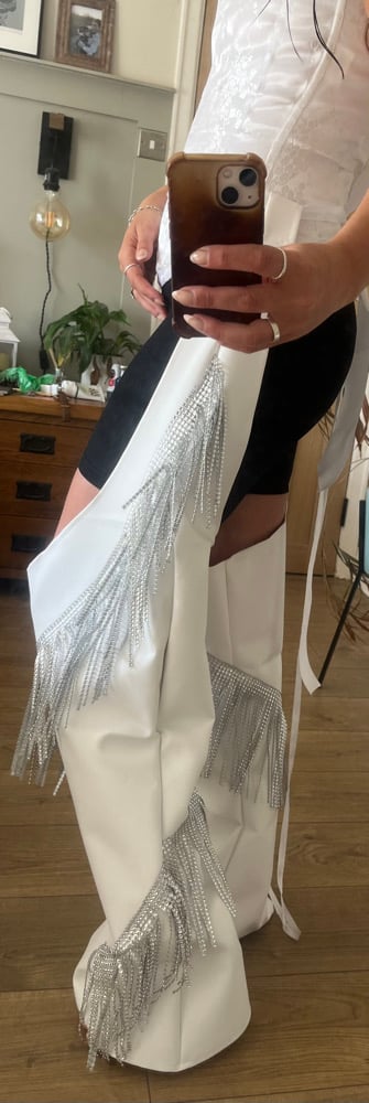 handmade White faux leather chaps and rhinestone trim and stars