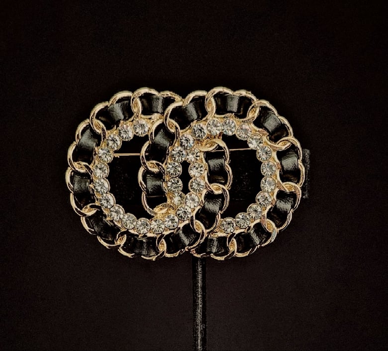 Image of Black, Gold & Rhinestone Brooch 