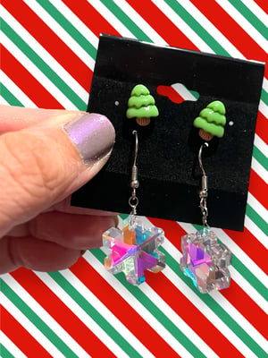 Crystal Snowflake and Tiny Pine Tree Earrings