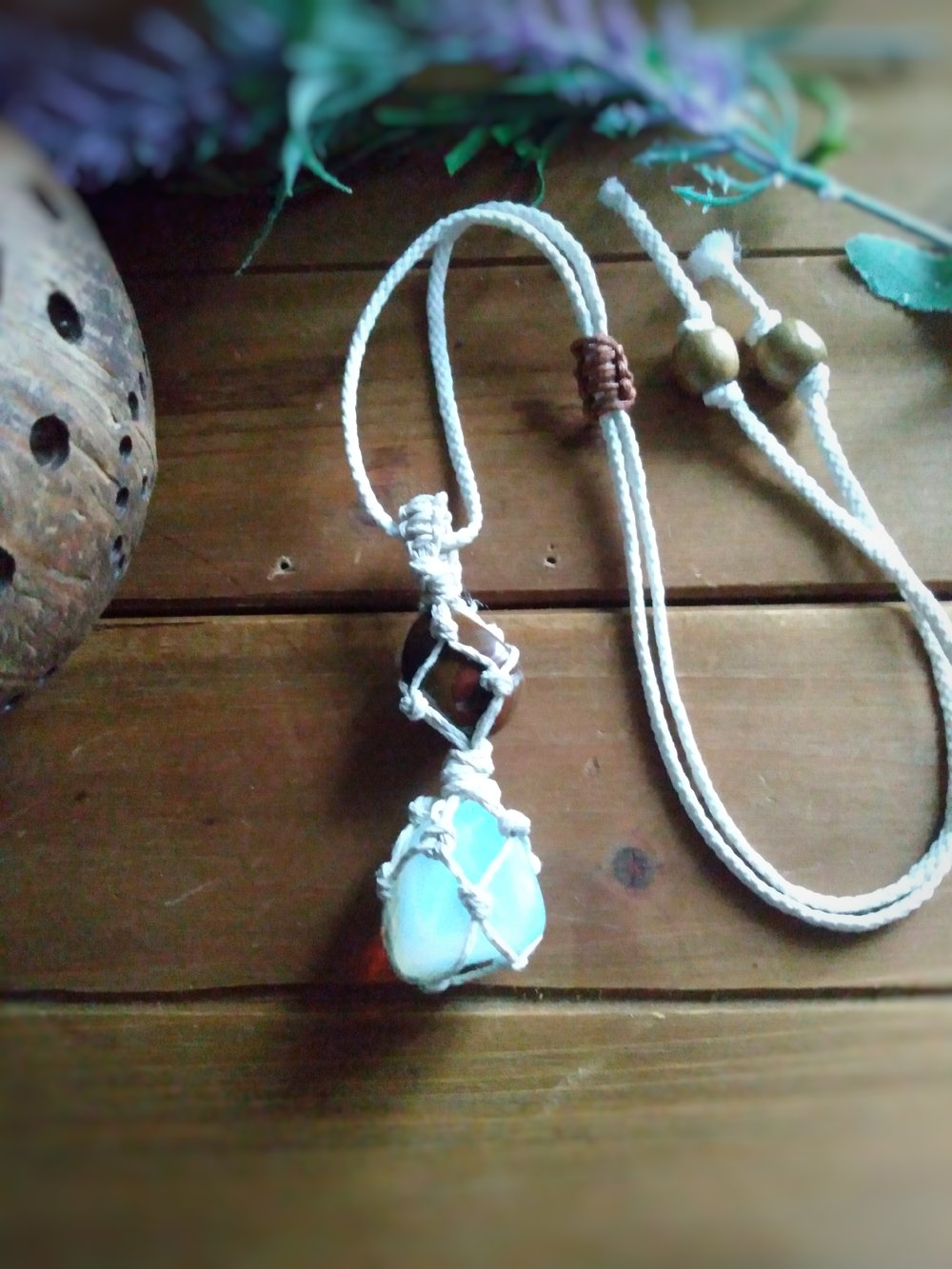 Image of Stacked Opalite and Tigers Eye macrame necklace