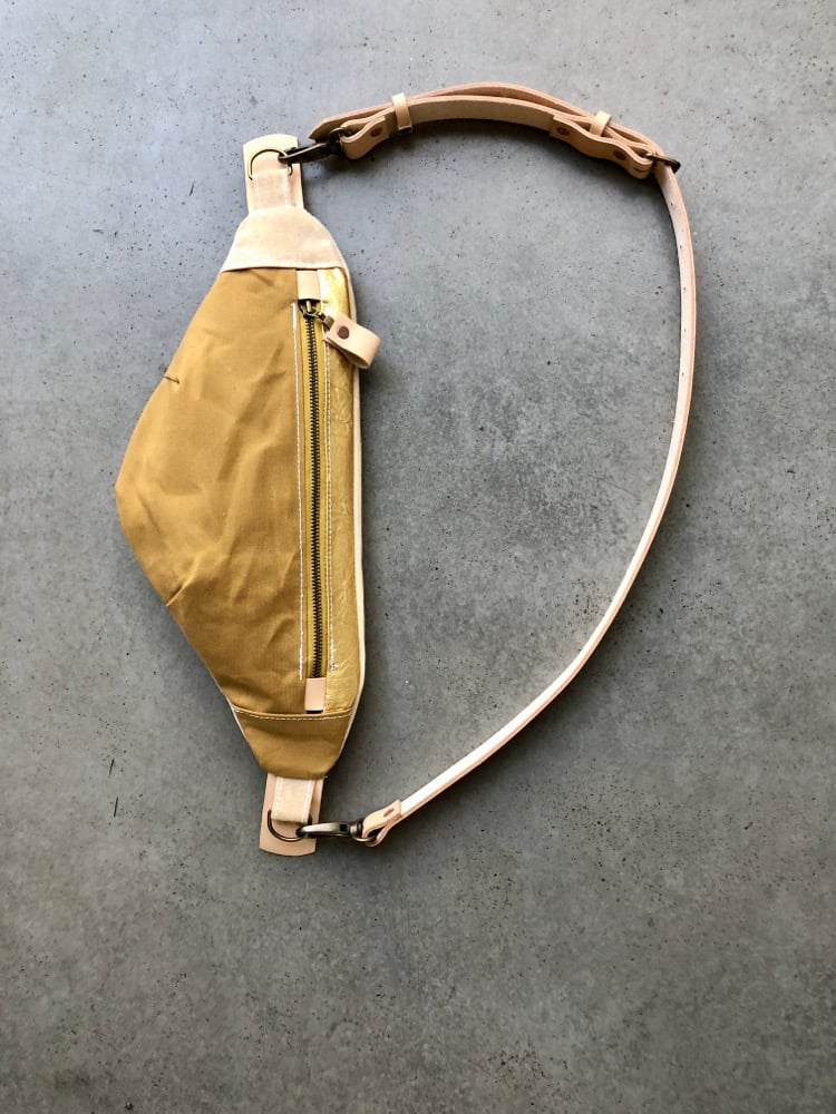 Image of Fanny pack in waxed canvas and pinatex / chest bag / day bag/ with leather shoulder strap