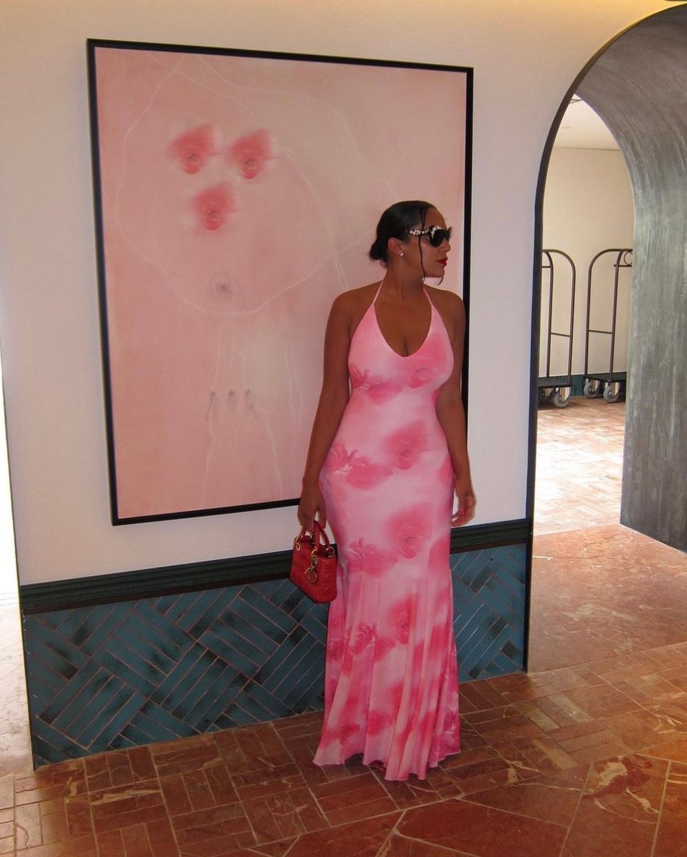 Image of PINK PRINTED FLORAL MESH MAXI DRESS (XS)