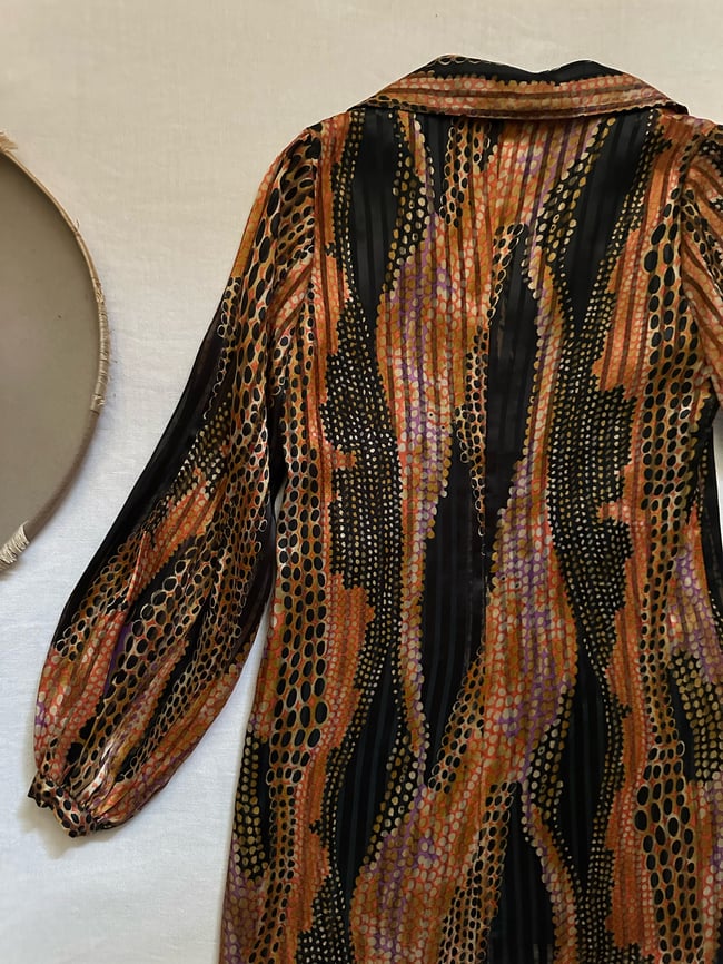 late 1970s silk San Francisco boutique poet sleeve dress