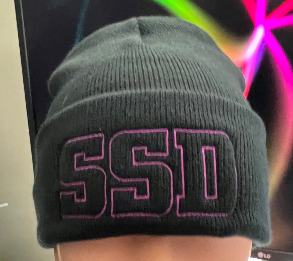 Black SSD Magenta Outline Logo Knit Hat with Cuff