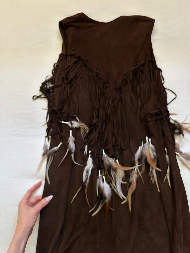 early 70s long new mexican chamois suede feather vest waistcoat duster vest