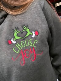 Image 3 of HOLIDAY GEAR* "Choose Joy" Grinch heart hands embroidered on Hoodies or Joggers