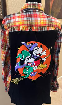 Vintage Black/Gray/Orange/Yellow Flannel Shirt Mickey and Minnie on Witch Broom