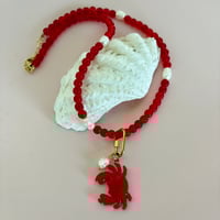 Image 1 of Red glass bead and pearl necklace with carabiner and crab 