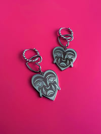 Image 2 of LASER ENGRAVED CRYING FACE DOUBLE HEART EARRINGS 