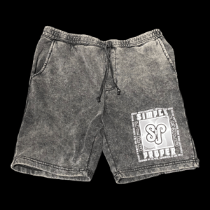 Image of S&P-“Trippy Phrases” Logo AcidWash Dyed Sweat Shorts (Black/Grey)