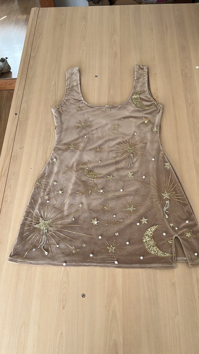 Sparkly horse, star, sun and moon sequin details tulle and champagne velvet dress