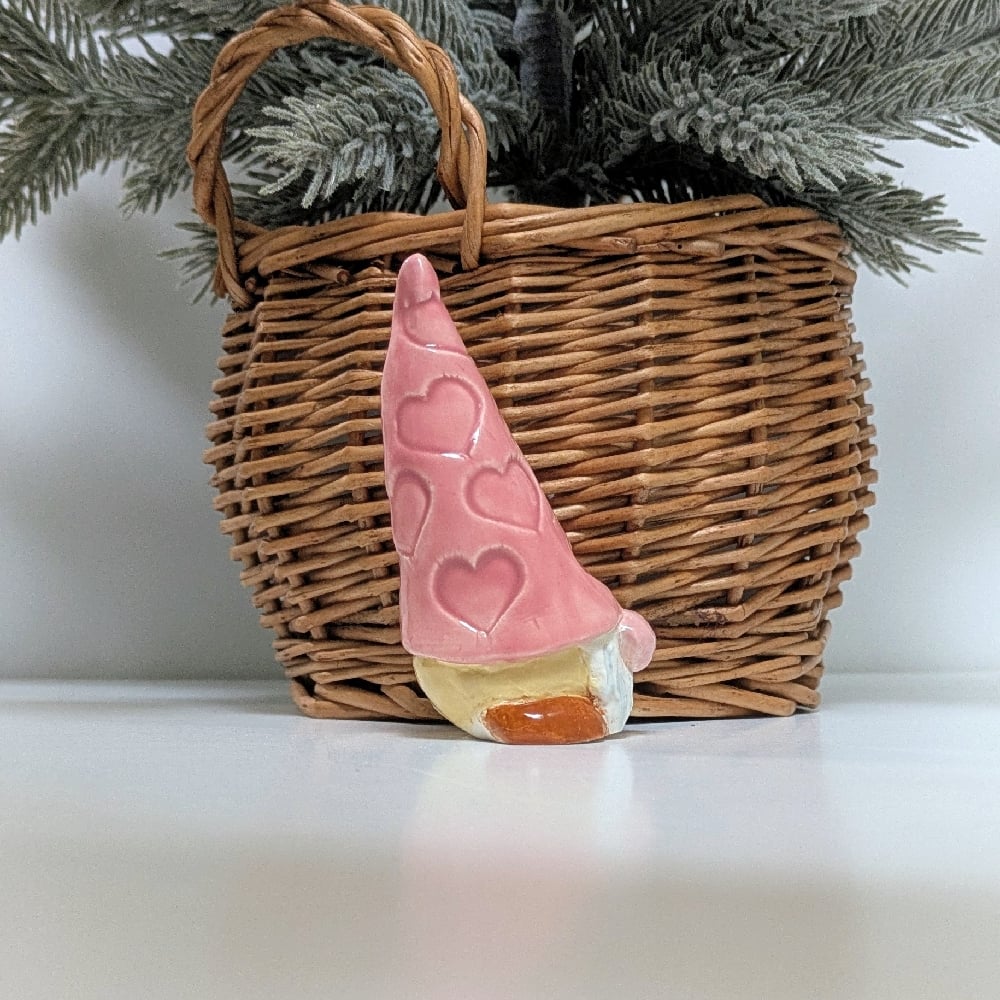Image of Handmade pottery Pink Heart Embossed Gnome 