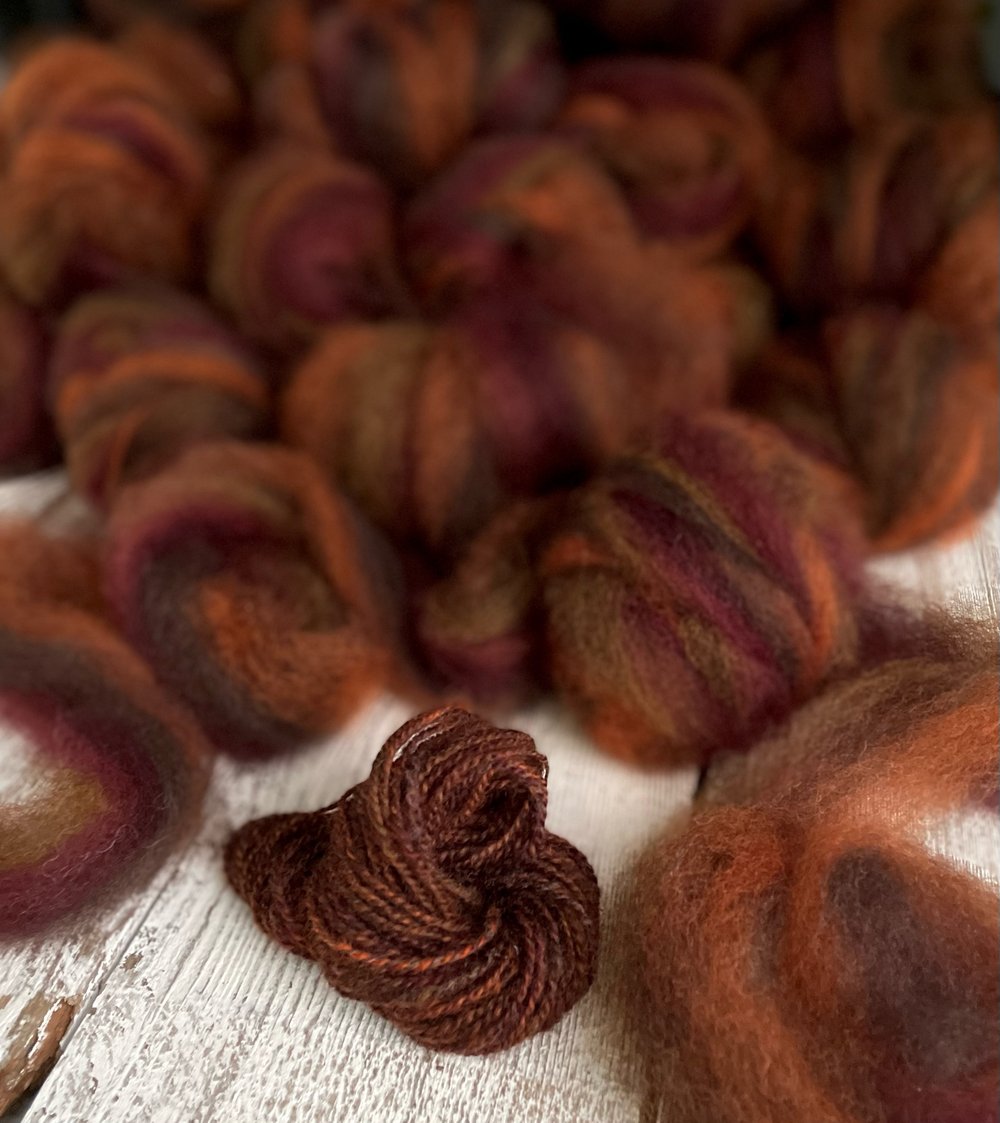 4 oz. • Pumpkin Spice roving: on Romney & Romney Hogget from Iron Water Ranch