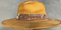 Image 3 of Mustard Painted Fedora Hat Print, Feather & Card Band 