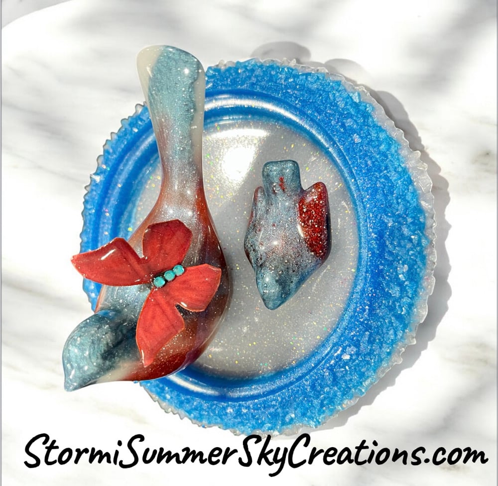 Image of Red/Blue Bird Set with stand/platter