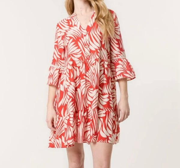 Image of RED LEAF PRINT OPEN COLLAR SMOCK DRESS