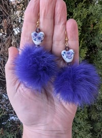 Purple rabbit fur pompom earrings