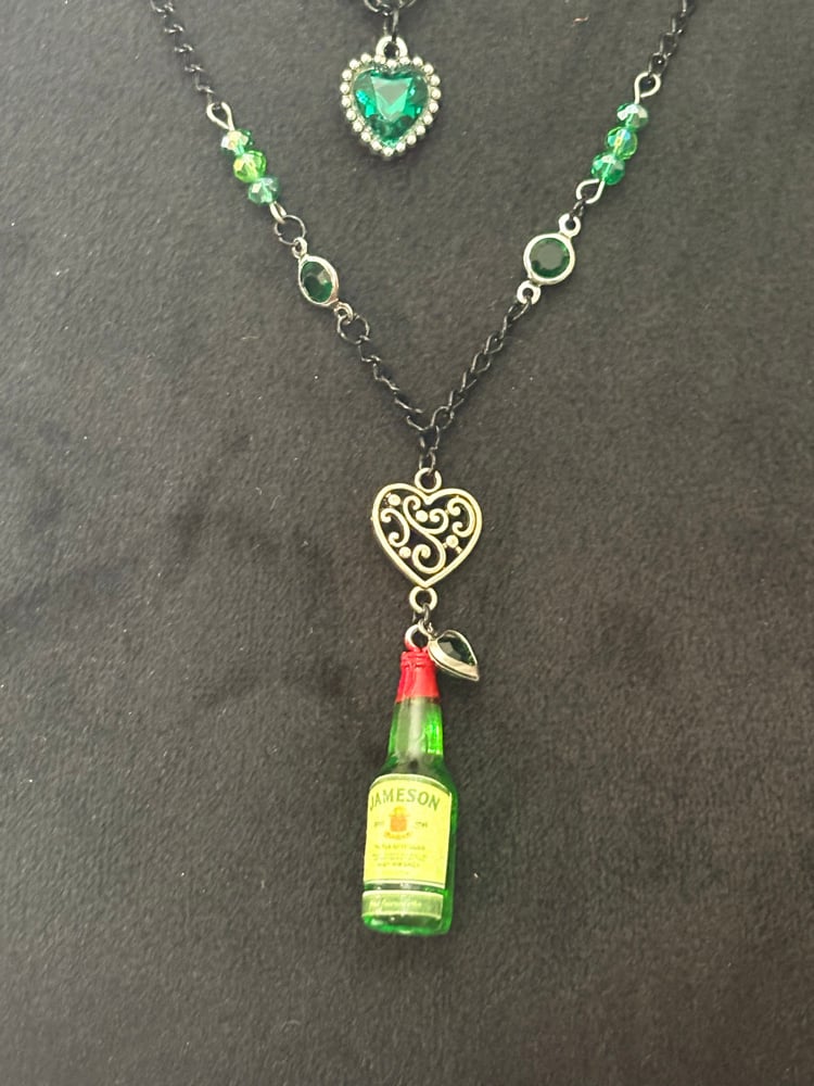 Image of Green Heart and Jameson whiskey Bottle and hearts Charm Necklace 