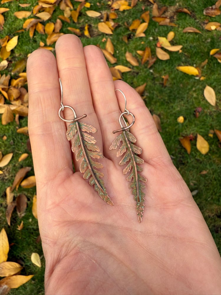 Image of Green Patina Copper Autumn Fern Dangle Earrings