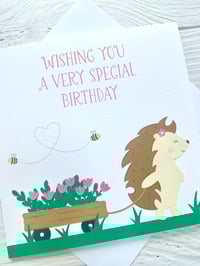 Image 2 of Handmade Hedgehog Birthday Card - Cute Animal Card with Flower Cart