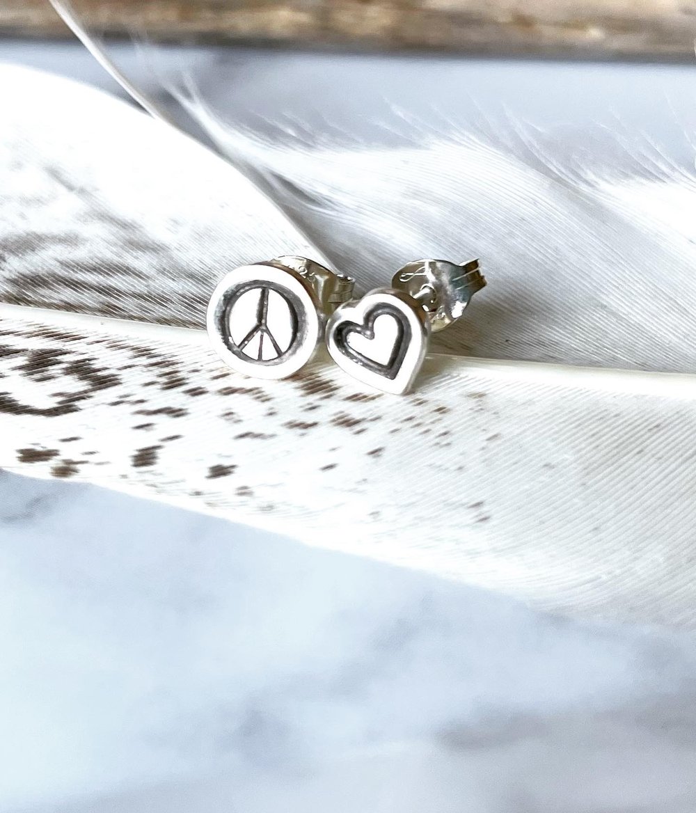 Handmade Mismatched Peace And Love Heart Sterling Silver Stud Earrings 925