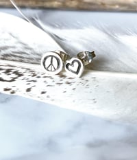 Image 4 of Handmade Mismatched Peace And Love Heart Sterling Silver Stud Earrings 925