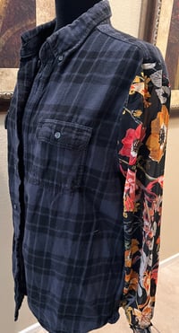Image 4 of Vintage Funky Black Flannel Shirt Floral Sleeves Steampunk Cat