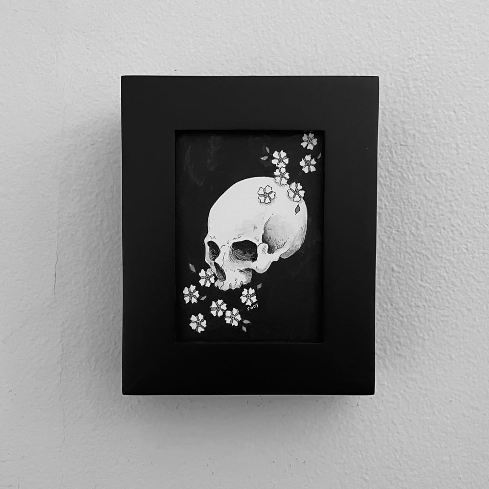 Original Ink And Watercolor Skull and Forget me nots In Frame