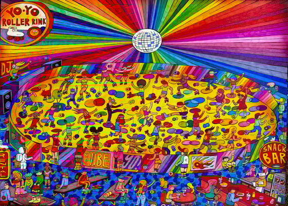 Image of The Yo-Yo Roller Rink original ink illustration 22x30
