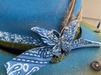 Image 4 of Handmade Blue/Green Painted Fedora Hat, Layered Band Feathers & Butterfly