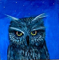 Image 1 of Acrylic Oil and Graphite painting on Wood “Owl in Starlight” by Sheila Cameron copy copy