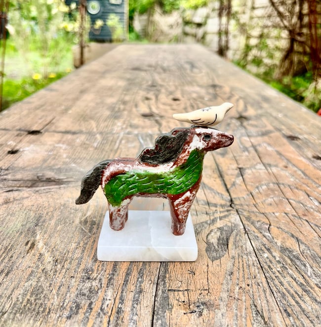 GREEN HORSE AND BIRD SCULPTURE