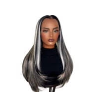Image 1 of Zara Sleek Silver Streak Middle Part Wig - 22 Inch Jet Black Silky Straight Y-Part 
