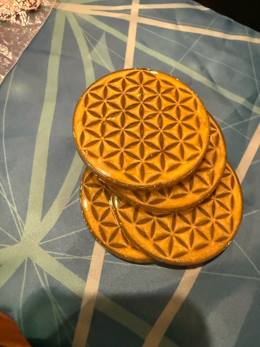 Image of Yellow and Green Flower of Life Coasters | Resin Art | Sacred Geometry | Drink Coasters