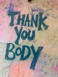 Image 1 of Green and blue multi colour tie dye tshirt with teal text (XL)