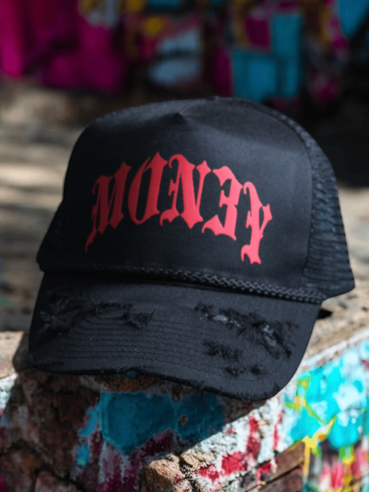 RED MON3Y // BLACK  DISTRESS HAT