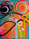 Candy Moon, sunshine and a little house. Original painting on canvas.